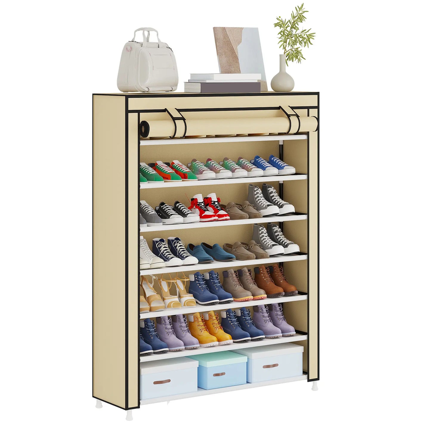 10 Tier Shoe Rack 9 Grids withDustproof Cover, Adjustable Standing Shelf,High Storage Rack