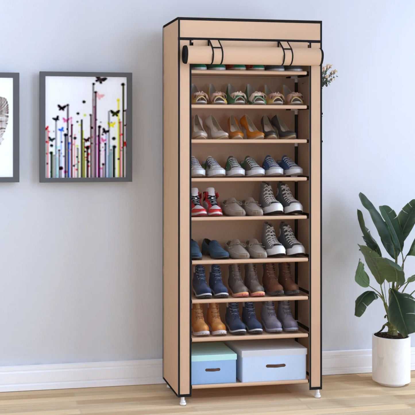 10 Tier Shoe Rack 9 Grids withDustproof Cover, Adjustable Standing Shelf,High Storage Rack