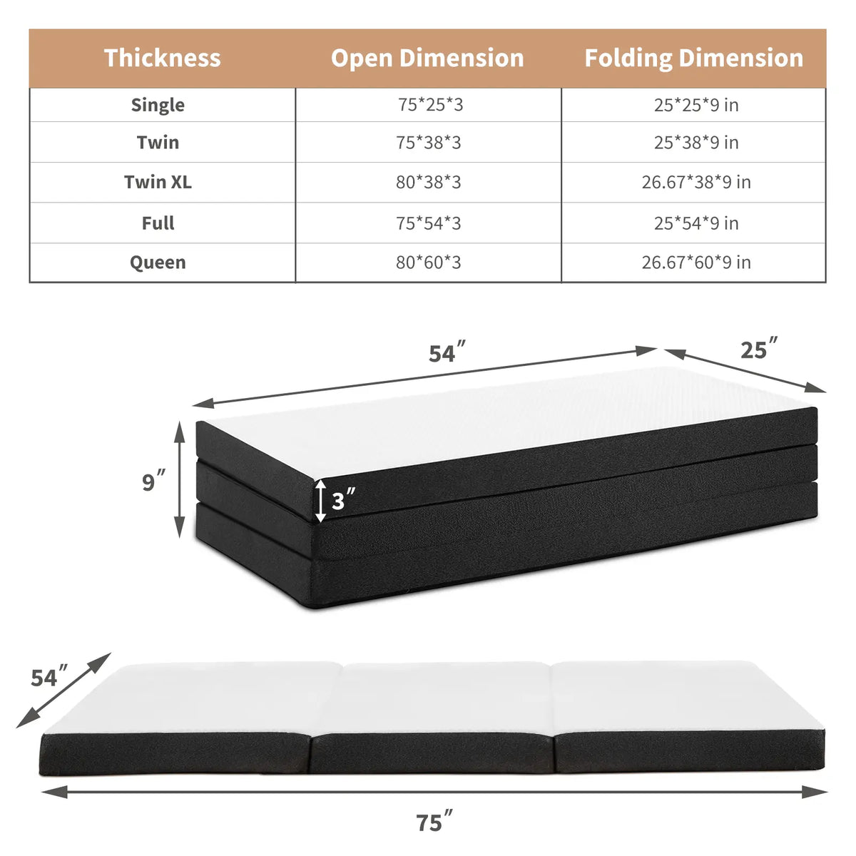 Triple-fold memory foam mattress