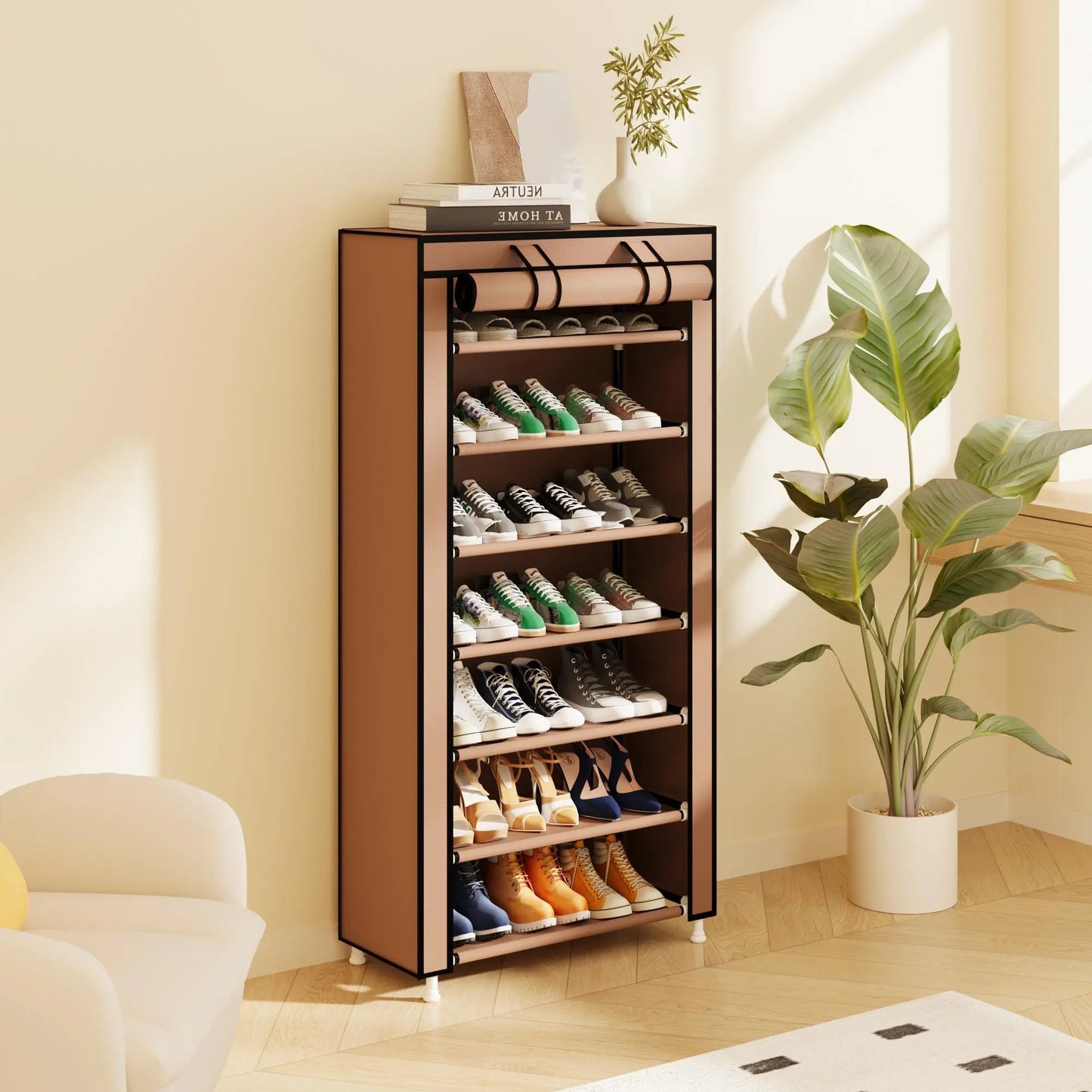 10 Tier Shoe Rack 9 Grids withDustproof Cover, Adjustable Standing Shelf,High Storage Rack